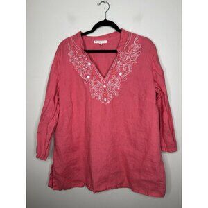 JM Collection Women’s Top Pink Beaded V Neck 100% Linen Plus Size 18W